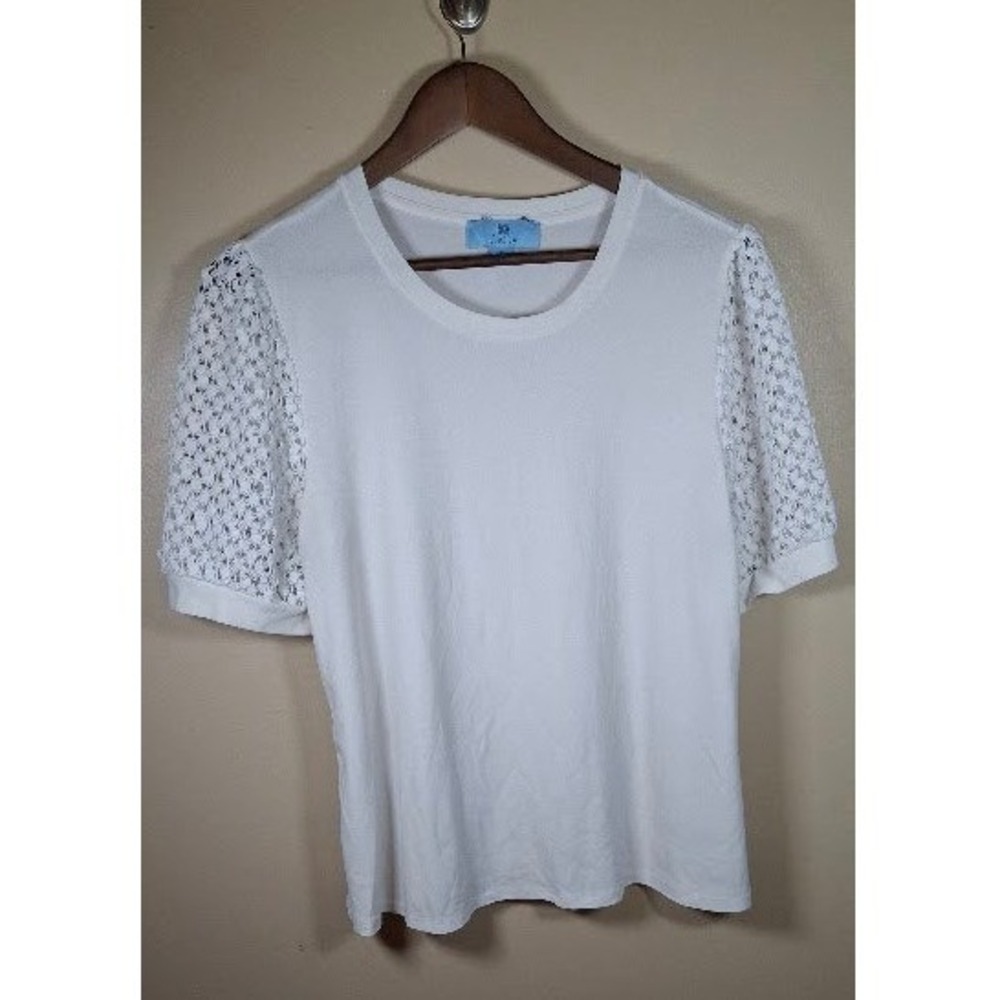 CeCe Womens White Lace Puff Short Sleeve Knit Top Crew Neck Size XL